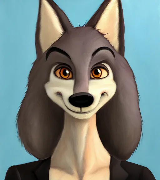 Image similar to oil painting of anthromorphic furry female wolf, in style of zootopia, female fursona, furry, furaffinity, 4 k, deviantart, furry art, fursona art, wearing black business suit, business suit, wolf fursona, female, tired expression,