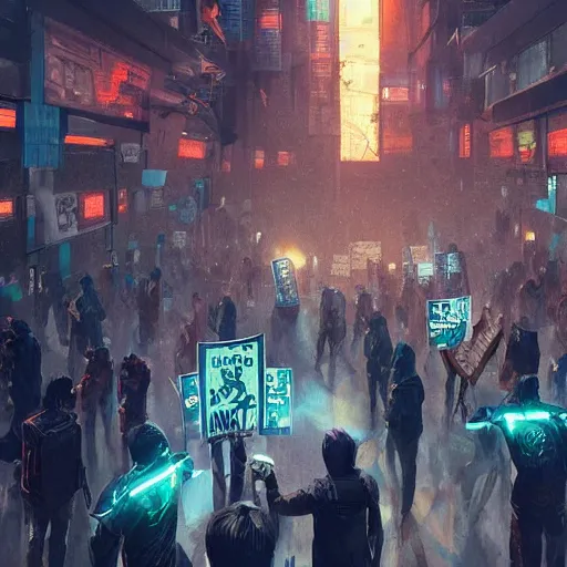 Image similar to protesters holding placards, detailed digital illustration by greg rutkowski, cyberpunk, android netrunner