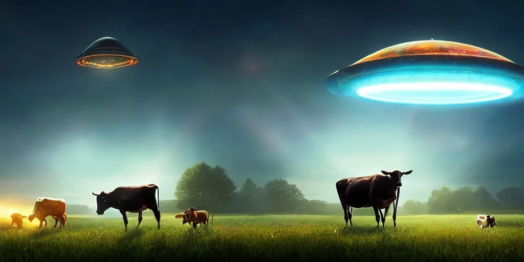 Image similar to a beautiful ufo abducting a cow from a field, beam of light, vivid colors, digital art, landscape, fantasy art, octane render, unreal engine, high detail, very realistic, by greg rutkowski. by james gurney