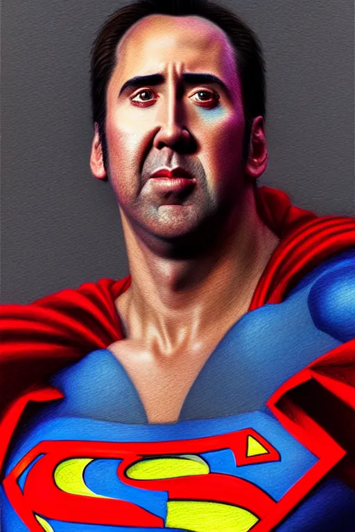 Image similar to portrait of nicolas cage as superman looking away from the camera, intricate, hyperrealistic, extremely detailed ballpoint drawing by simon stalenhag and greg rutkowski, artstation