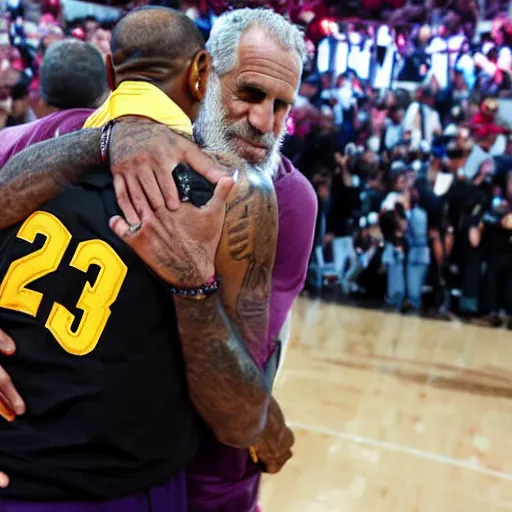 Image similar to photograph of lebron james hugging Jeffrey Epstein