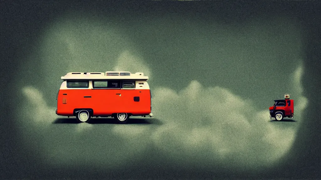 Image similar to japan various natural splendor and rural wonders, camper touring, a collage painting, in the style of wes anderson, lola dupre, david hockney, isolated on negative space background dark monochrome neon spraypaint accents volumetric octane render