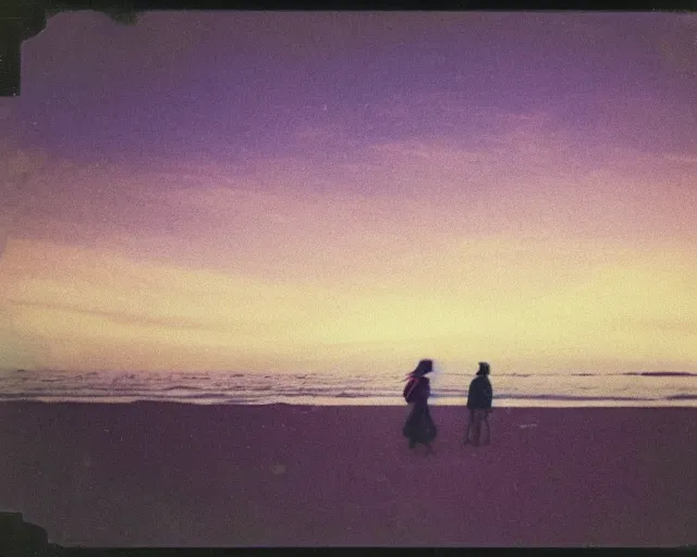 Prompt: a couple walks on the beach, hundreds of spheres in the sky, violet and yellow sunset, polaroid photo, whimsical and psychedelic, 1 9 6 0 s, grainy, expired film, glitched