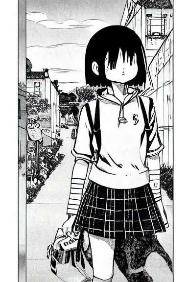 Prompt: adult girl short hair is walking to school, black and white artwork in manga style, made by toriyama akira, intricate, comic page