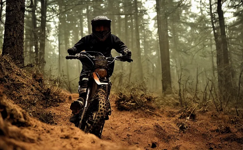 Image similar to cinestill 5 0 d candid photographic portrait by helen levitt of a mixed teen wearing rugged black mesh techwear riding on a dirtbike through a deep forest, extreme closeup, modern cyberpunk moody emotional cinematic, snow storm, 8 k, hd, high resolution, 3 5 mm, f / 3 2, ultra realistic faces, ex machina