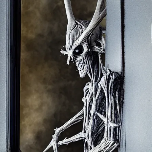 Prompt: wendigo on the outside of the window peaking in, spooky, realistic, clear, crisp, sharp, detailed