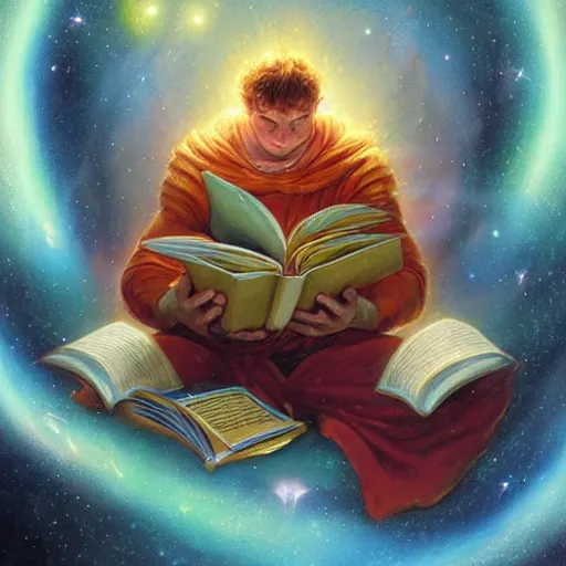Image similar to A cosmic being reading books containing knowledge of the universe by Justin Gerard