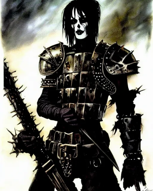 Image similar to portrait of a skinny punk goth soldier wearing armor by simon bisley, john blance, frank frazetta, fantasy, barbarian