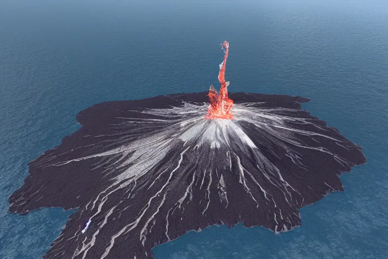 Prompt: digital concept art,aerial drone wide view of Anak Krakatau volcano island by Bernhard Edmaier,tectonics,islands,structural geology,photorealistic,unreal engine,8k