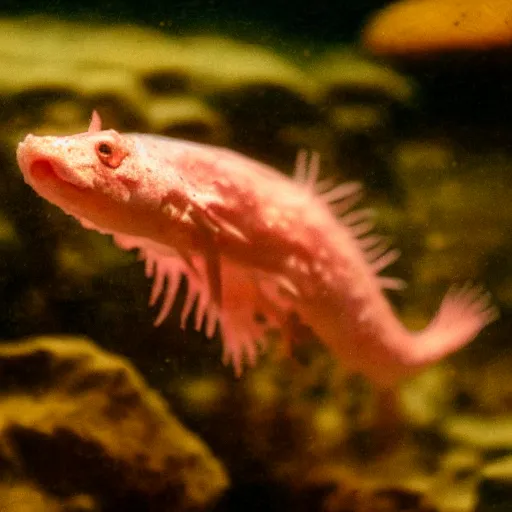 Image similar to Close up of an axolotl in an aquarium, insanely detailed, octane render, cinestill 800t, low light and soft focus