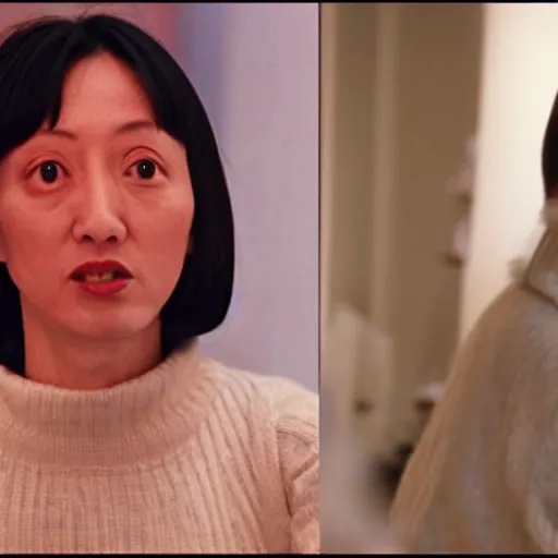 Image similar to ceo of binance changpeng zhao as shelley duvall in the shining movie, axe