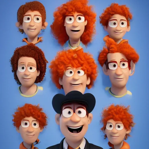 Prompt: 3 d render of curly orange hair men as a pixar 2 0 2 2 movie poster, smooth, intricate, octane, reflects, ultra detailed, sharp focus, symmetry