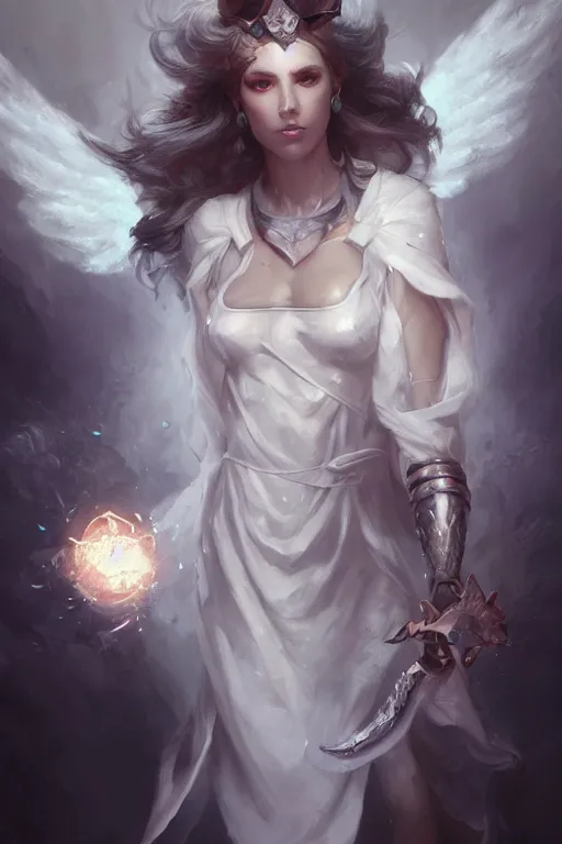 Image similar to beautiful girl warrior in white dress, casting magic spell, angel, magic storm and thunder clouds, fantasy, magic the gathering, hyper detailed, 3 d render, hyper realistic detailed portrait, peter mohrbacher, wlop, ruan jia