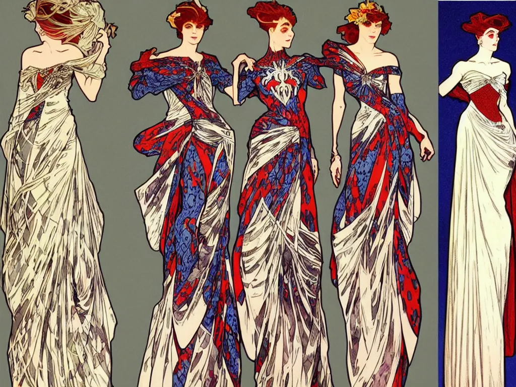 Prompt: 4 elegant full length spider man dress designs with natural history prints designed by alphonso mucha