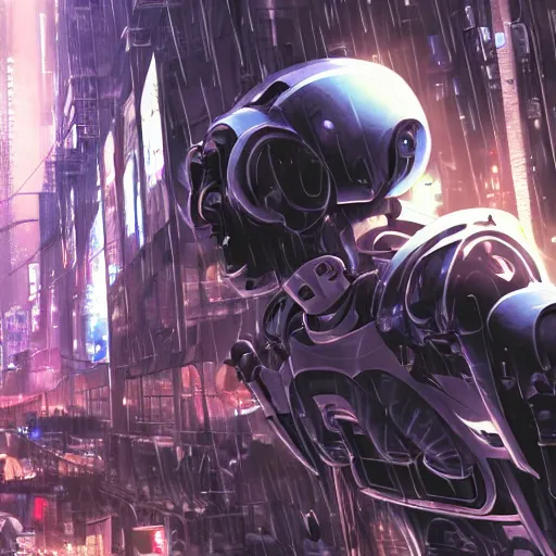 Image similar to android mechanical cyborg in overcrowded urban dystopia raining makoto shinkai wide angle shot