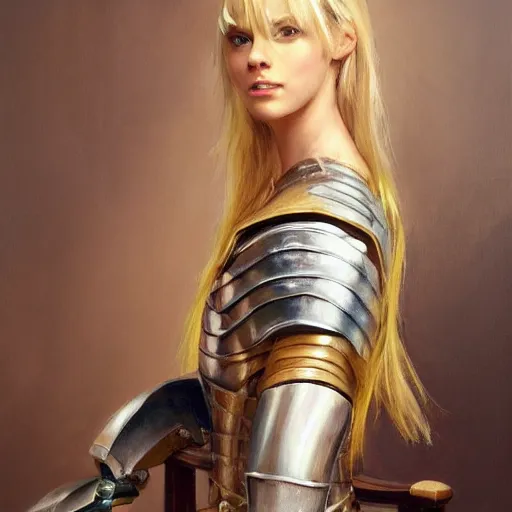 Prompt: a painting of a blonde female wearing knight's armor tied up in a chair, full view, popular on artstation, artstationhd, artstationhq 8 k, volumetric lighting, trending on artstation, artstationhd, artstationhq, ultra detailed, detailed face, by artgerm and james gurney, greg rutkowski