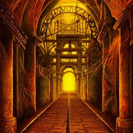 Prompt: glowing golden gate to the undertown, fantasy, ultra detailed