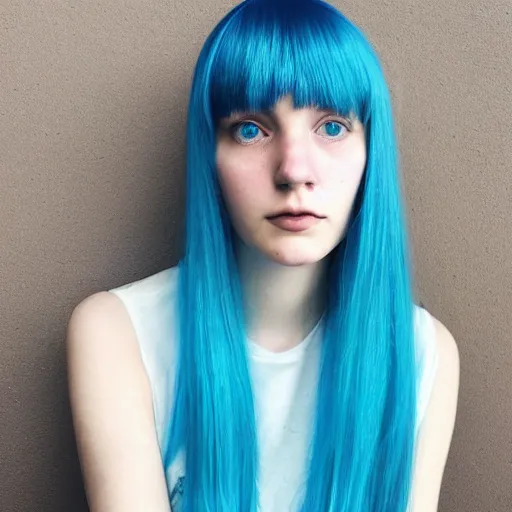 Prompt: a pale girl with blue hair, fringe, soft facial features, looking directly at the camera, neutral expression, instagram picture