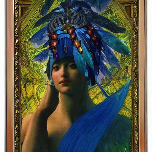 Prompt: goddess of the lost city, by Annie Swynnerton and Diego Rivera and Tino Rodriguez and Maxfield Parrish, elaborate headdress and embroidered velvet, iridescent beetles, rich color, dramatic cinematic lighting, extremely detailed