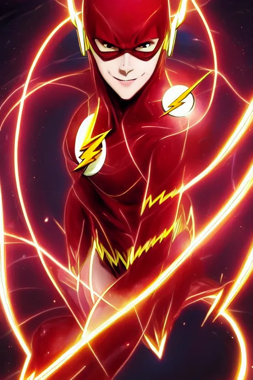 Image similar to anime key visual of a beautiful female the flash!! intricate, red, black, gold suit, powers, speed, lightning hate, dc comics, cinematic, stunning, highly detailed, digital painting, artstation, smooth, hard focus, illustration, art by artgerm and greg rutkowski and alphonse mucha