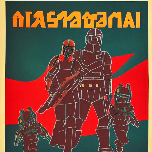 Image similar to soviet propaganda poster of the mandalorian and baby grogu