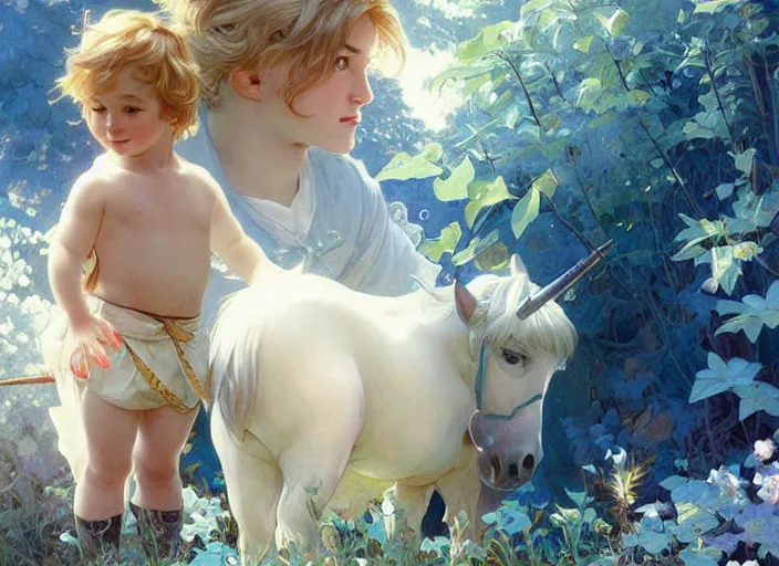 Prompt: a cute little boy with a round cherubic face, short blonde hair and blue eyes meeting an elegant unicorn, beautiful fantasy painting by artgerm and greg rutkowski and alphonse mucha