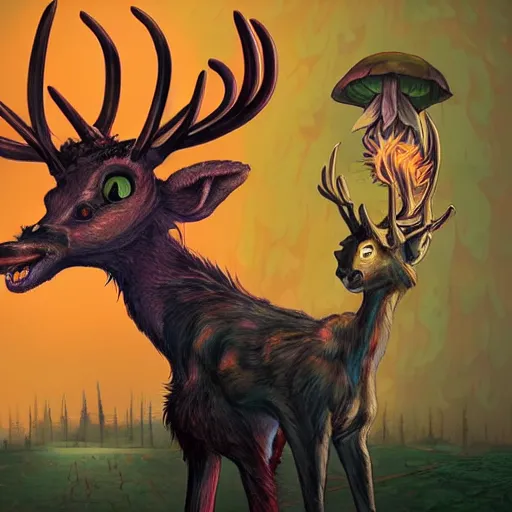 Image similar to 4 k headshot portrait of a psychedelic demonic anthropomorphic deer - horned wendigo smoking a hand - rolled cigarette smoking heavily, magic mushroom village in background. award winning. superb resolution. in the art style of junji ito and greg rutkowski. detailed mushroom city in background. hyper realistic anime. perfect art. dalle 2