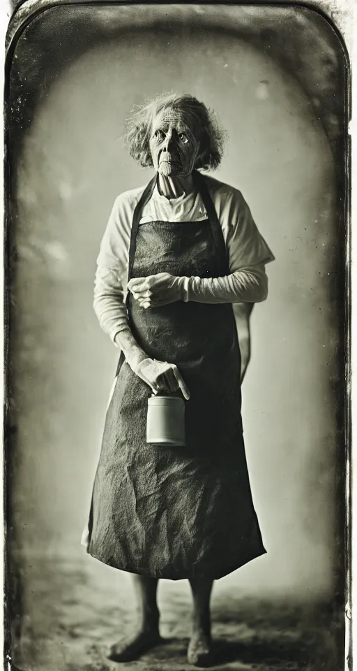 Prompt: a wet plate photograph, a portrait of an older washer woman in an apron