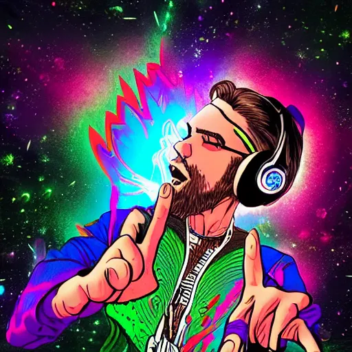 Image similar to artgerm, psychedelic johnny rotton giving you the middle finger, rocking out, headphones dj rave, digital artwork, r. crumb, svg vector