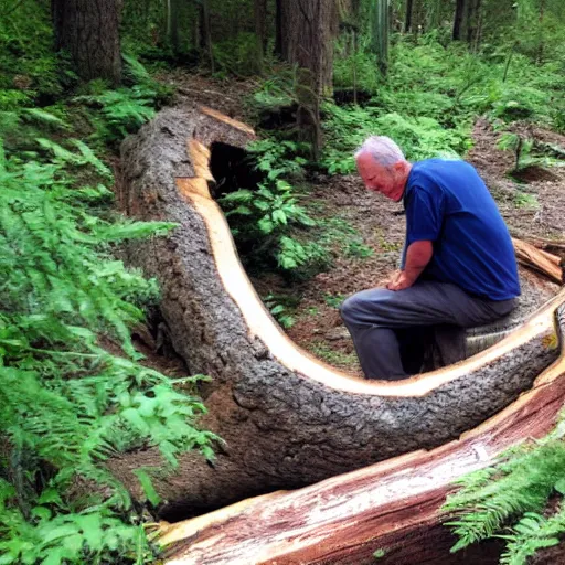 Prompt: uncle frank looks curiously at a hollow log