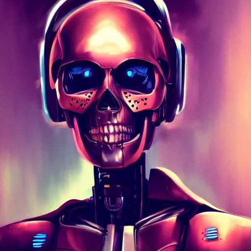 Image similar to skull - headed robot cyborg painting, illutstration, concept art, cyberpunk, futurism, comics art, artgerm, full body shot, anime