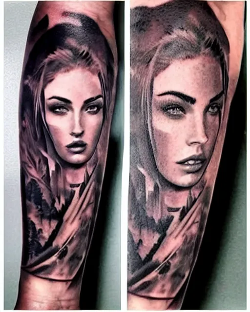 Image similar to creative double exposure effect tattoo design sketch of megan fox faded with beautiful mountain scenery, realism tattoo, in the style of matteo pasqualin, amazing detail, sharp