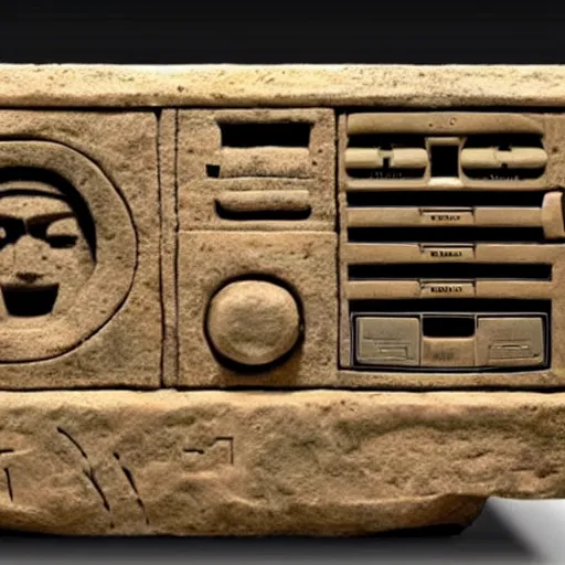 Prompt: a retro crt television and super nintendo game console carved from stone, television and super nintendo game console made by ancient taino and aztec