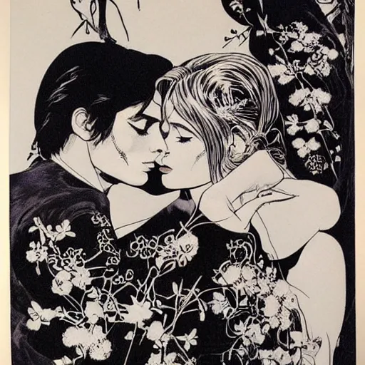 Image similar to 1 9 6 0 s drawingsymmetrical pretty elegant brigitte bardot as a vampire kissing alain delon, very detailed intricate intaglio, style of takato yamamoto, lots of flowers