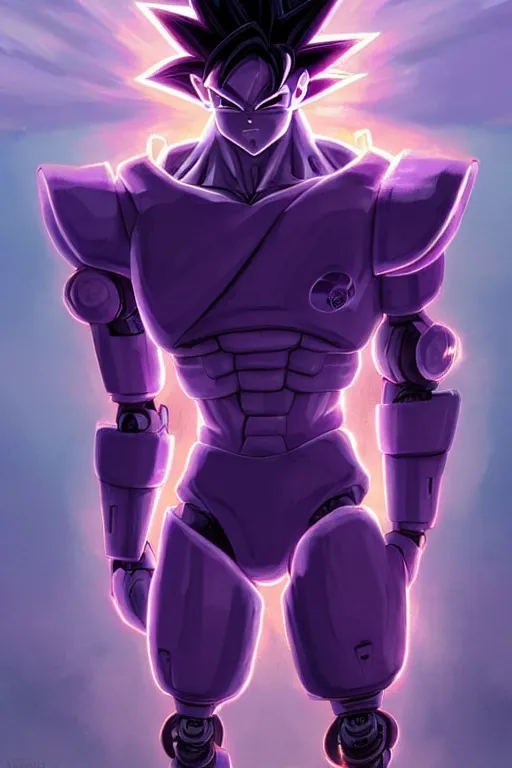 Image similar to goku robotic clothes in the beach purple sun, pink lighting ultra realistic photorealistic highly detailed high quality, a stunningly, digital painting, artstation, concept art, smooth, sharp focus, illustration, art by artgerm and greg rutkowski and alphonse mucha 8 k