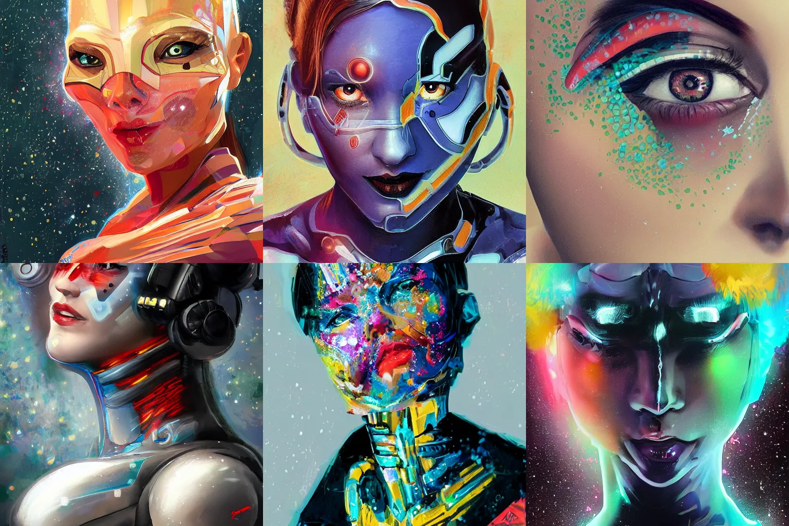 Prompt: cyborg robot woman face painting, looking straight to camera, moderate colors, ornate, digital art, cute smile, vibrant colors, winning artwork, digital painting, professional art, elegant, by Ilya Kuvshinov, by artgerm