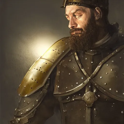 Image similar to Closeup of frustrated male medieval sergeant with a {short} beard wearing a black!!!! and yellow tabard over a steel breastplate and a black gambeson looking up from a map on a table, intricate, dramatic lighting illustration by Greg Rutkowski, ArtStation, digital art, fantasy