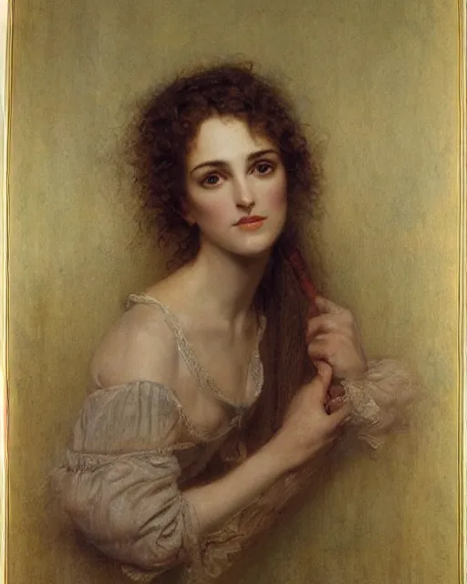Image similar to portrait en buste of winona ryder in repose by Hughes Merle, Pierre Auguste Cot, perfect detailed eyes, realistic fabric, abundant detail, kiera knightley