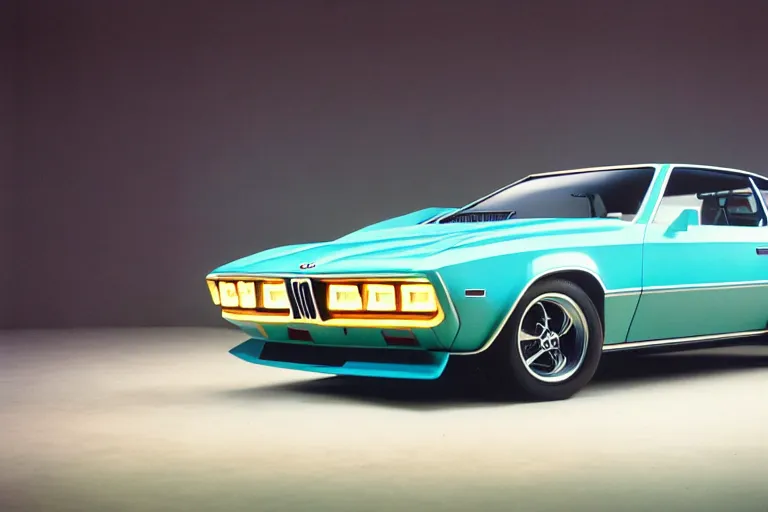 Image similar to designed by giorgetto giugiaro stylized poser of a single 1 9 7 3 bmw m 1 chevelle, thick neon lights, ektachrome photograph, volumetric lighting, f 8 aperture, cinematic eastman 5 3 8 4 film