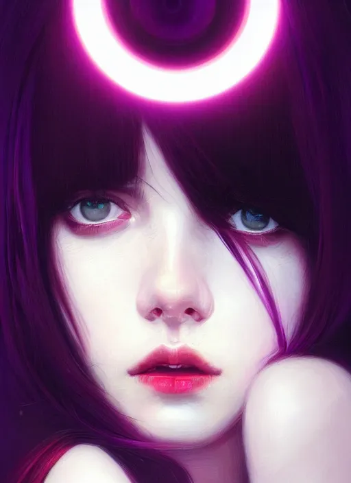 Image similar to portrait of teenage girl, red irises, red eyes, black hair, white bangs, purple clothes, white bangs, bangs, black hair and white bangs, intricate, elegant, glowing lights, highly detailed, digital painting, artstation, concept art, smooth, sharp focus, illustration, art by wlop, mars ravelo and greg rutkowski