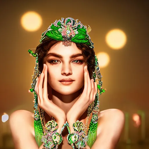 Image similar to photograph of wonderful princess with smooth fair skin, green jewelry, breathtaking, elegant, ornate, intricate, hyper detailed, accent lighting, dramatic light, 4 k octane render