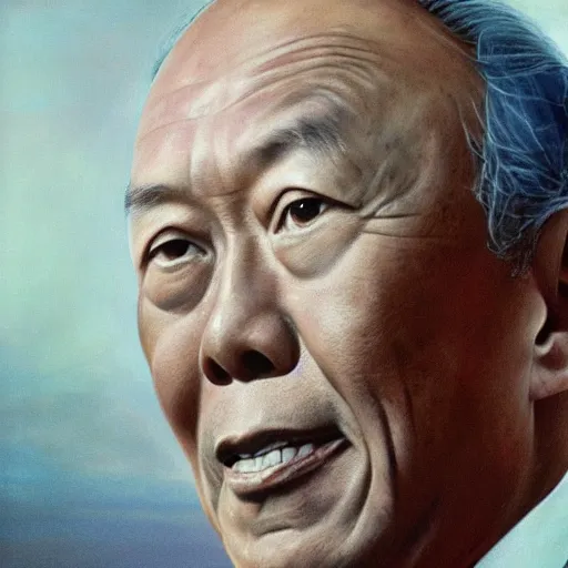 Prompt: Lee Kuan Yew, Prime Minister of Singapore, 1980 (oil painting by Alex Ross)