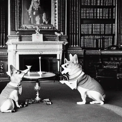 Image similar to historical photo of queen elizabeth having gin martinis with her corgis, the corgis are wearing sweaters, royal palace interior, natural sunlight, soft focus, highly detailed, depth of field