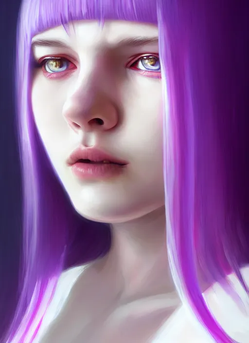 Image similar to hair whitebangs hair, black hair, whitebangs, portrait of teenage girl with white bangs, red irises, purple clothes, white bangs, bangs are different color from hair, intricate, elegant, glowing lights, highly detailed, digital painting, artstation, concept art, smooth, sharp focus, illustration, art by wlop, mars ravelo and greg rutkowski