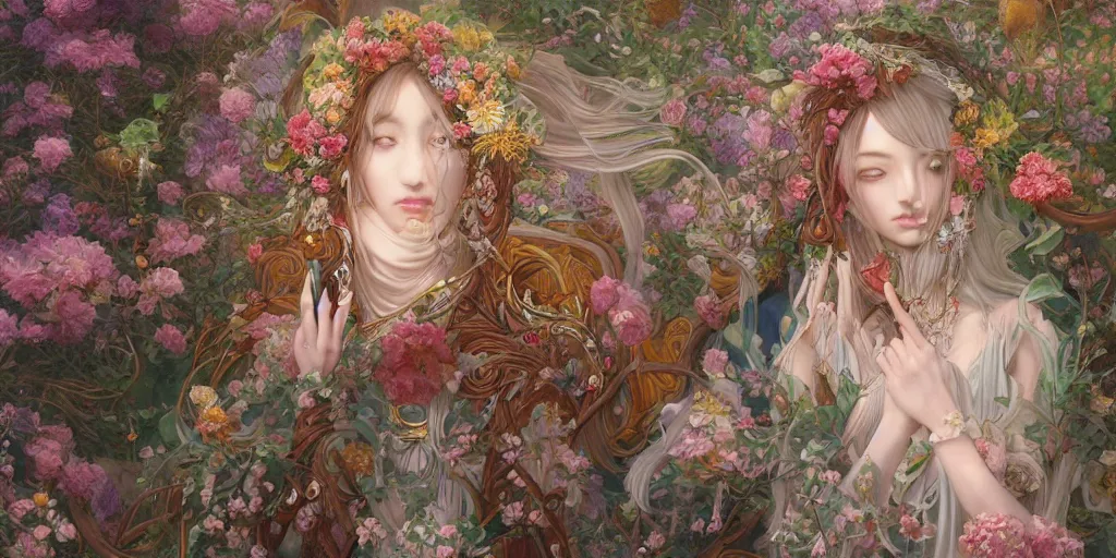 Image similar to breathtaking detailed concept art painting of the goddess of flowers, orthodox saint, with anxious, piercing eyes, ornate background, amalgamation of leaves and flowers, by Hsiao-Ron Cheng, James jean, Miho Hirano, Hayao Miyazaki, extremely moody lighting, 8K