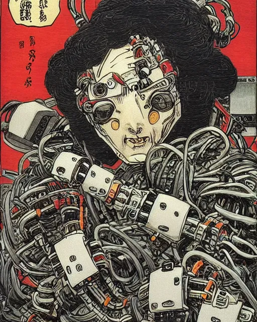 Image similar to Kuniyoshi portrait of a robot saint made of cables and robotic pod by Marc Silvestri