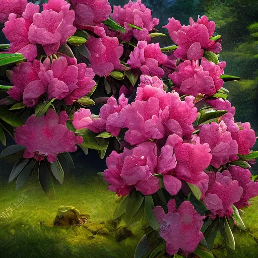 Prompt: rhododendron flowers in the english garden, photorealistic, 5 0 mm, evening light, artstation