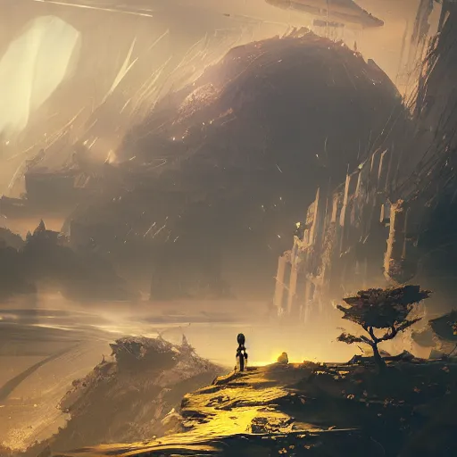 Image similar to beautiful landscape, nier automata, protoss temple, advanced technology, cinematic lighting, highly detailed, masterpiece, art by bastien grivet