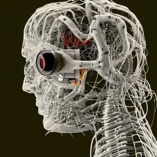 Image similar to very detailed portrait 55mm photo of a mechanical head without skin, with crystal bones and optic fiber nerves, gears in his head and cybernetic enhancements no plating. Packed with cybernetics. Has cameras for eyes. In the forest with bokeh. Ray tracing and tessellation. Very sharp high detailed 8k image