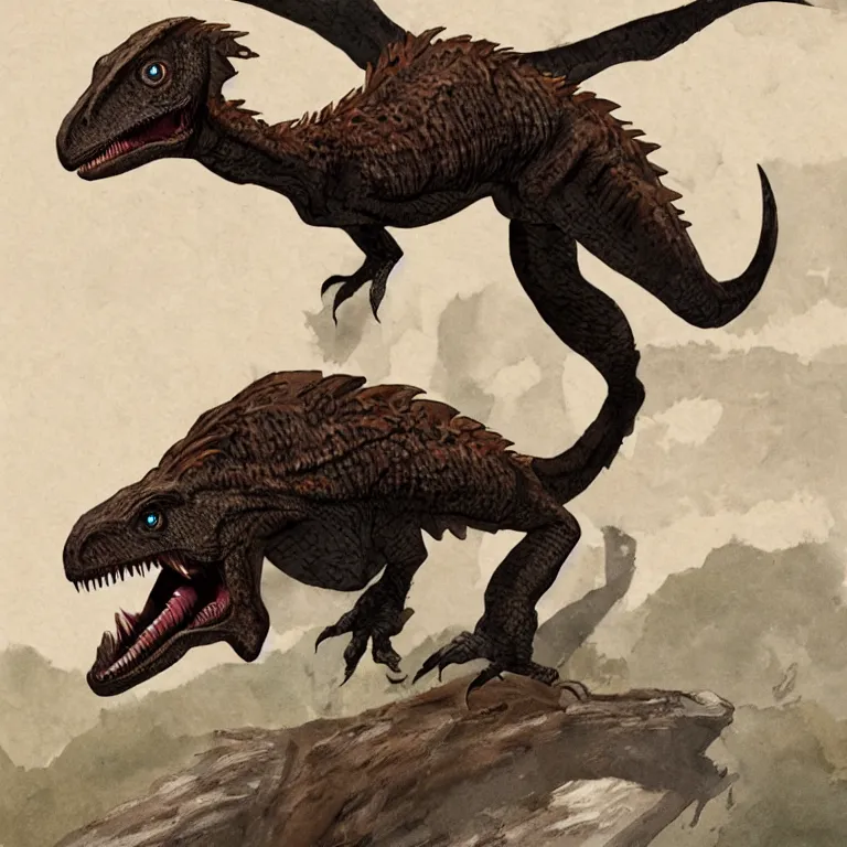 Image similar to a velociraptor jumping on a d & d barbarian